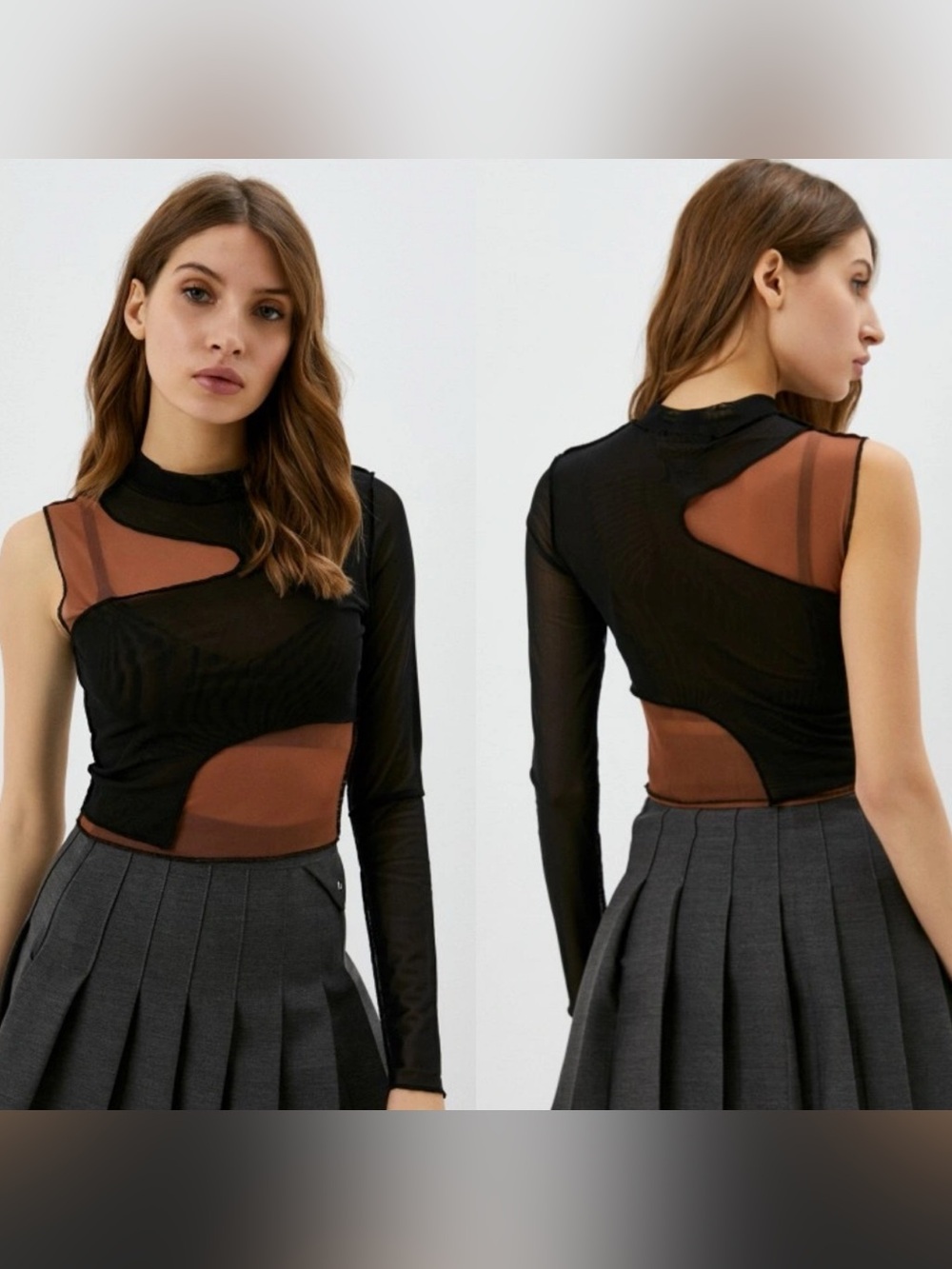 The Ragged Priest black brown double layer mesh sheer one sleeve shirt 16 club